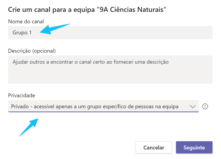 ecrã para adicionar canais privados para a Equipa de Escola ou Conselho de Turma