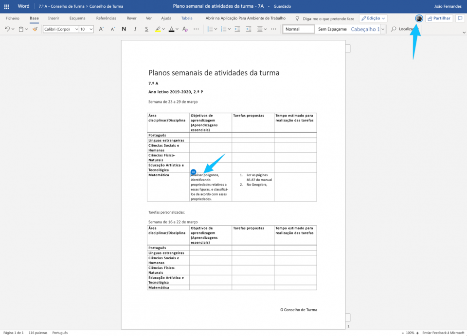 ecrã para editar um documento de forma colaborativa