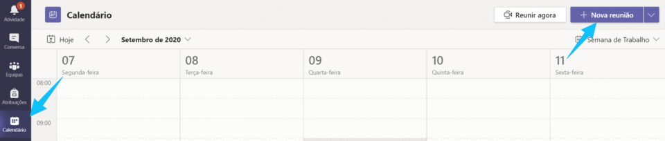 ecrã para criar uma reunião para a disciplina