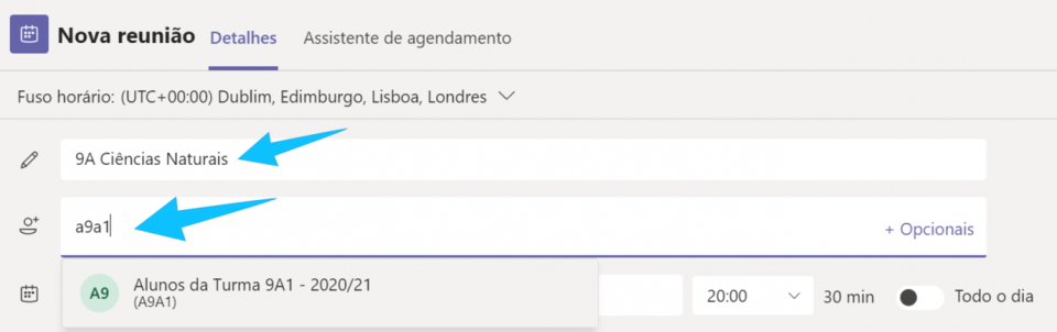 ecrã para criar uma reunião para a disciplina