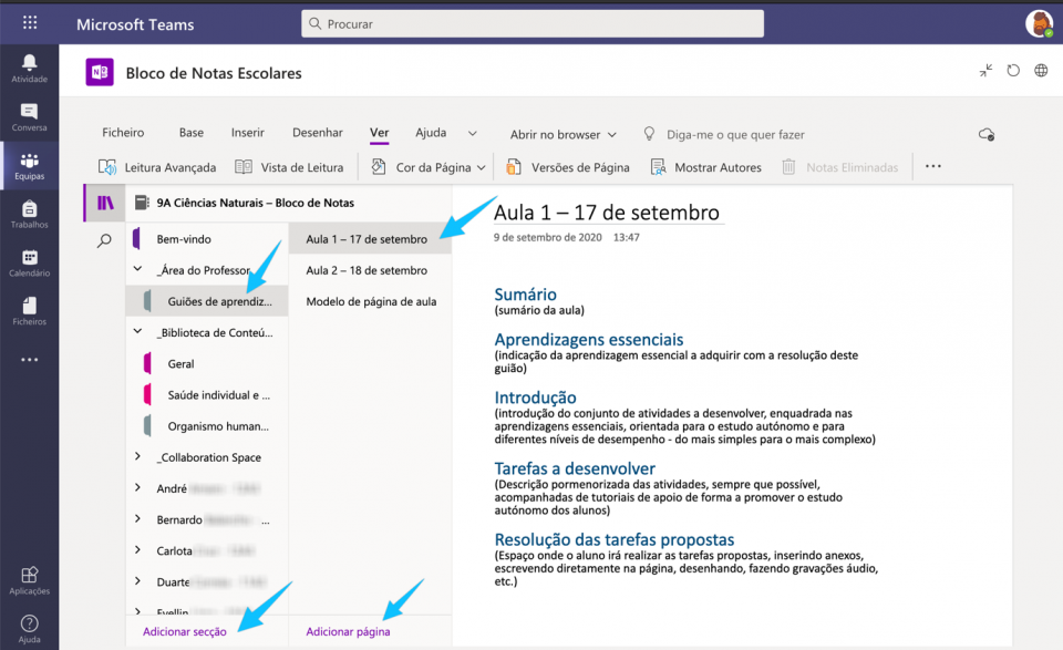 Configurar um Bloco de Notas Escolar no Teams com conteúdos existentes -  Suporte da Microsoft