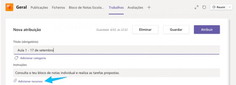 ecrã para criar uma atribuição, copiando a página de guião de aprendizagem na Área do professor para os blocos individuais de aluno