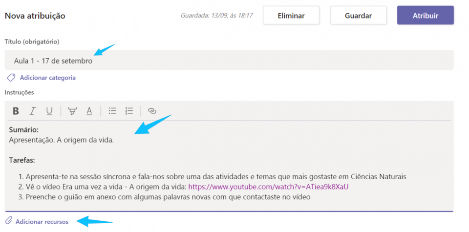 ecrã para criar uma atribuição, copiando a página de guião de aprendizagem na Área do professor para os blocos individuais de aluno