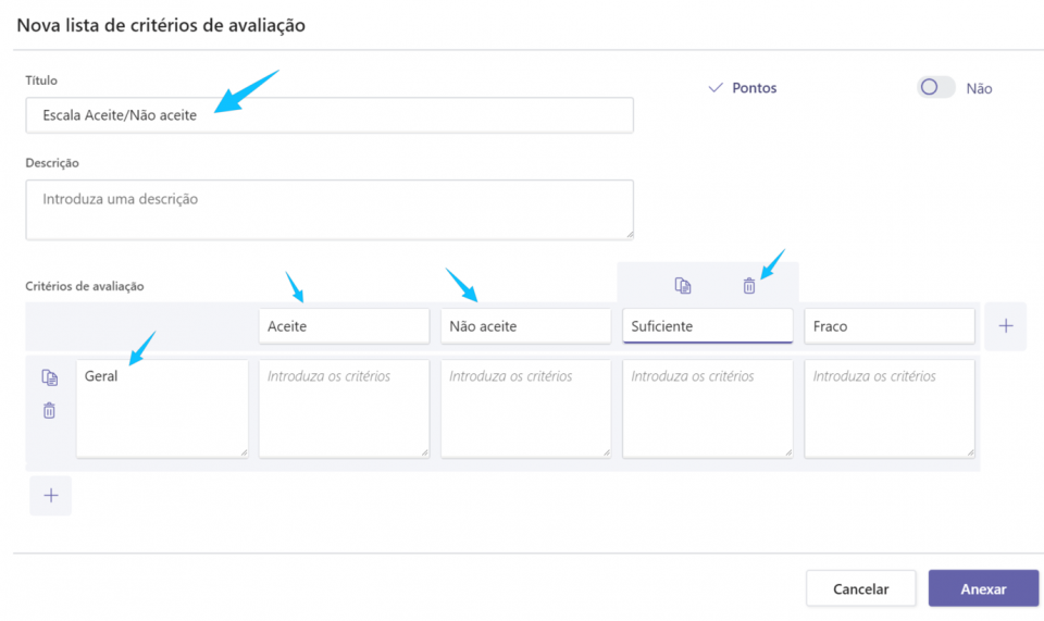 ecrã para adicionar uma escala Aceite/Não aceite