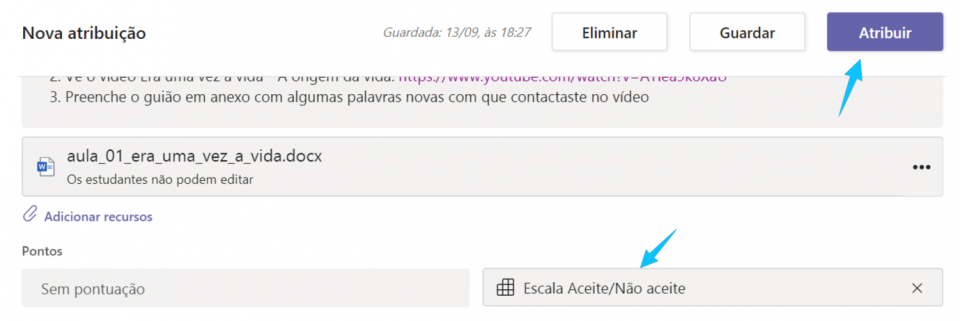 ecrã para adicionar uma escala Aceite/Não aceite